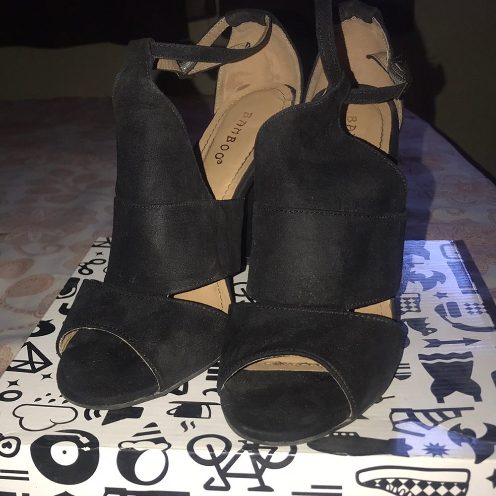 Black faux suede heels